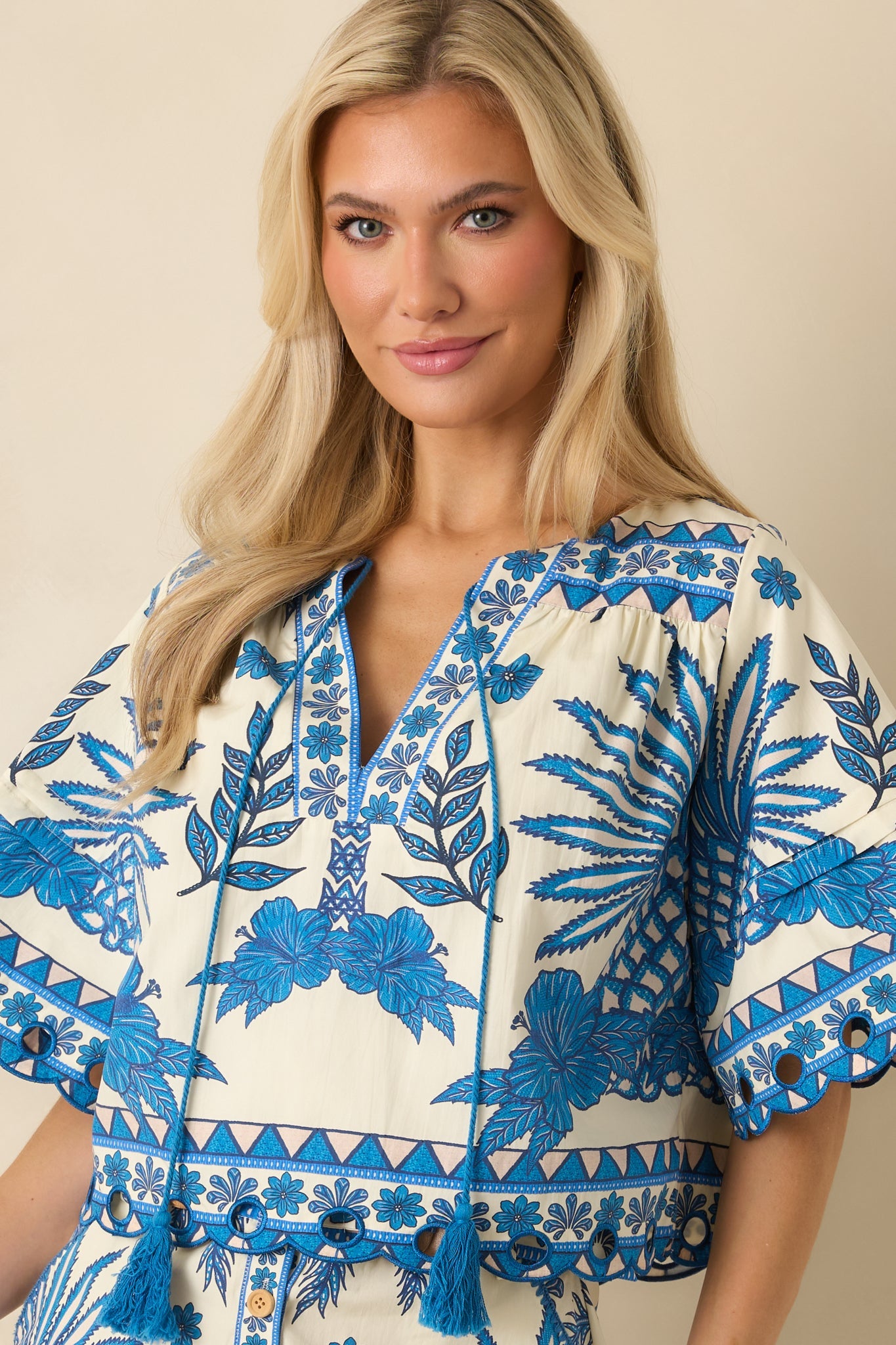Aylaya Praha Vibrant Blue & Ivory Cotton Tropical Print V-Neck Top
