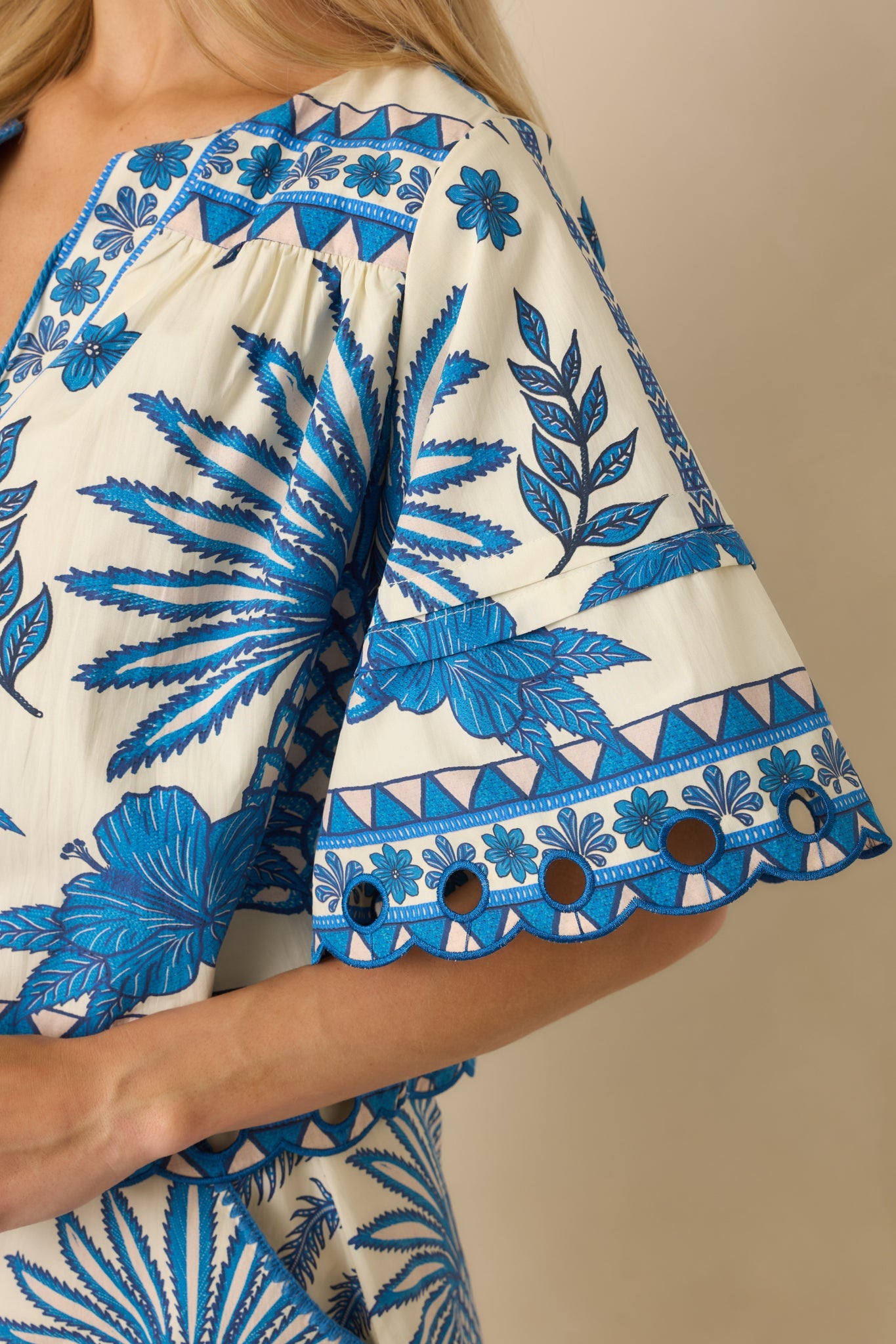 Aylaya Praha Vibrant Blue & Ivory Cotton Tropical Print V-Neck Top