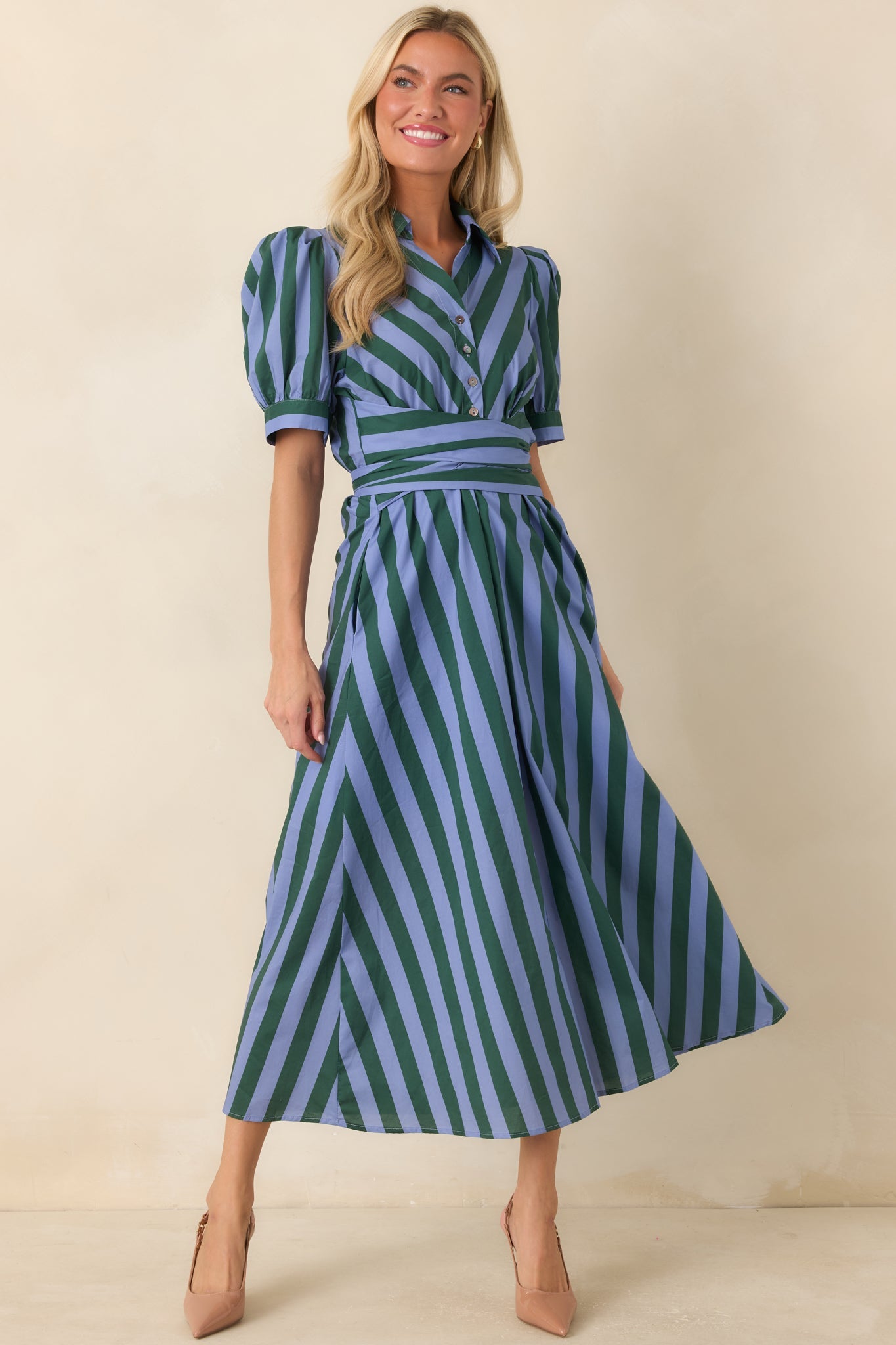 A Fresh Approach Blue & Green Stripe Cotton Midi Shirt Dress