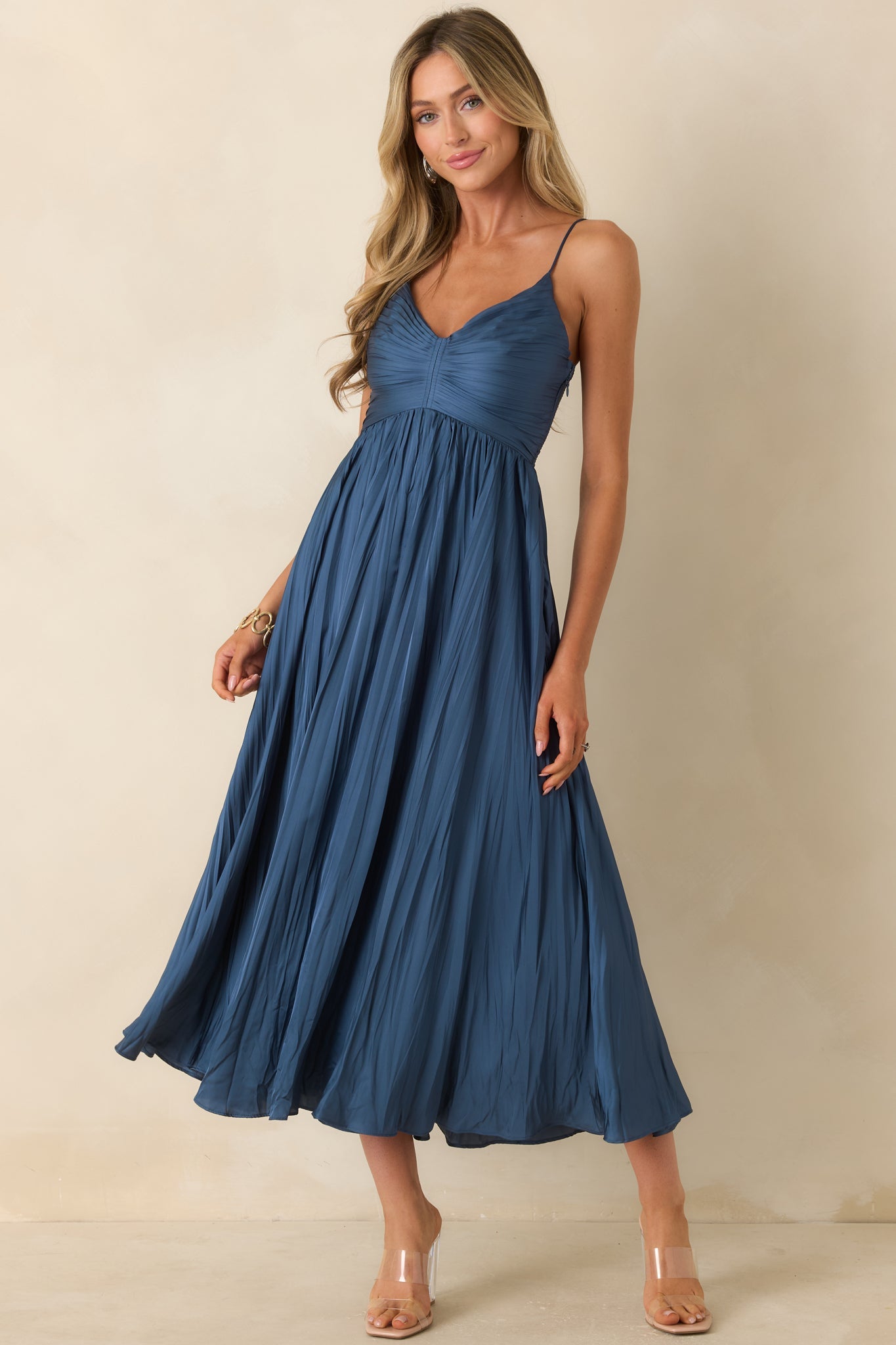 ASTR The Label Maeve Navy Pleated Midi Dress