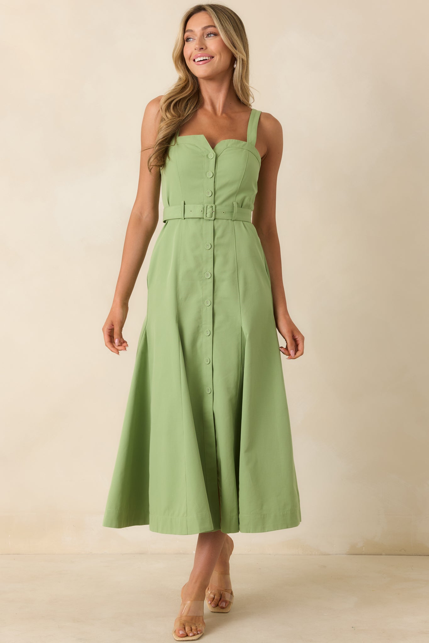 ASTR The Label McKinley Green Cotton Blend Belted Midi Dress