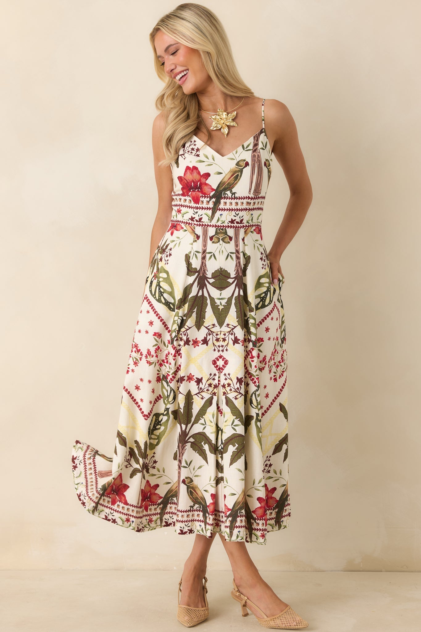 Aylaya Luna Deep Red & Moss Green Multi Tropical Print Maxi Dress