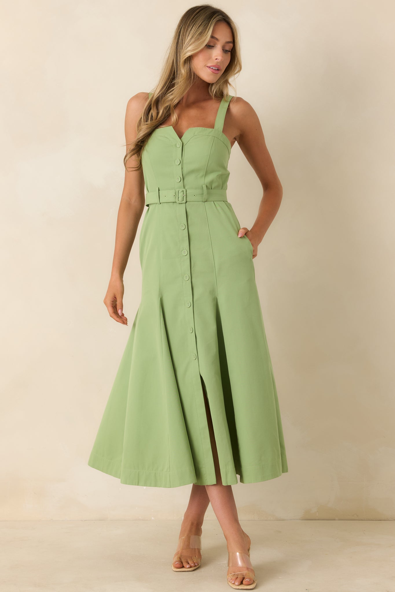 ASTR The Label McKinley Green Cotton Blend Belted Midi Dress