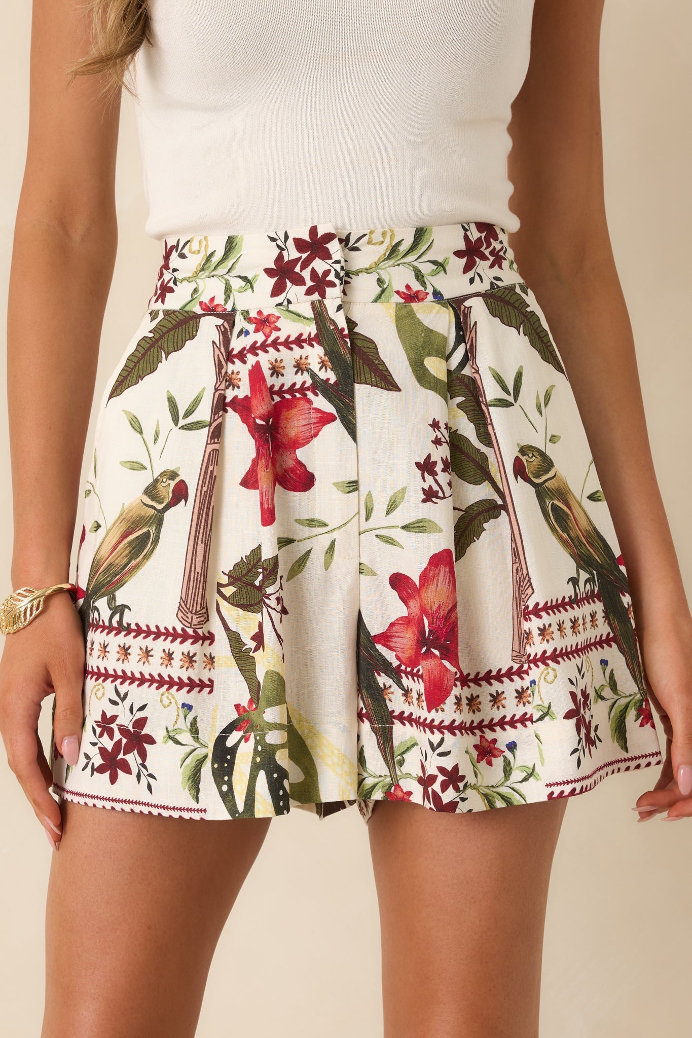 Aylaya Andrea Deep Red & Moss Green Multi Tropical Print Shorts