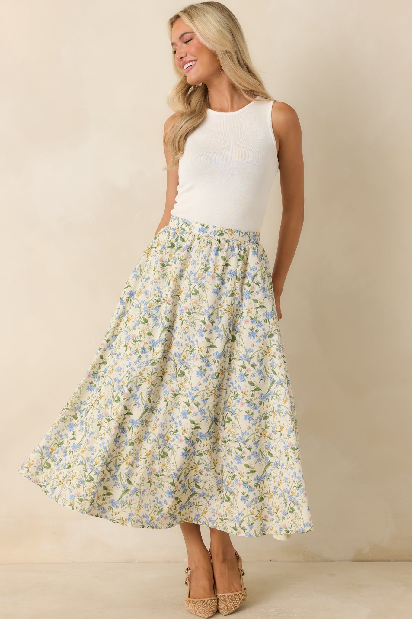 ASTR The Label Wylda Green Multi Cotton Floral Midi Skirt