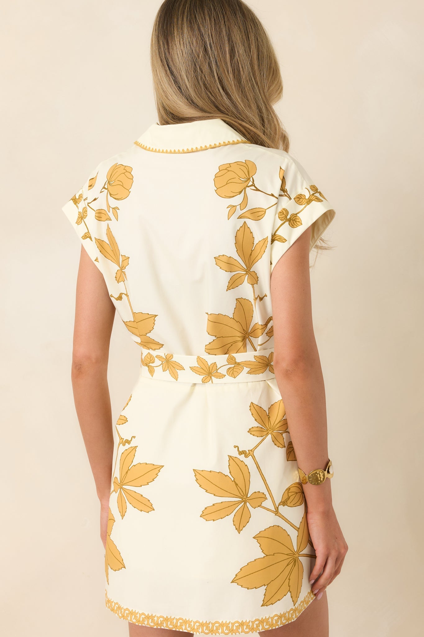 Aylaya Sarah Ivory & Honey Gold Floral Cotton Belted Mini Dress