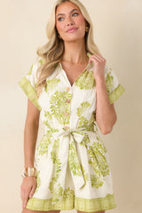 Aylaya Camila Ivory & Green Floral Print Belted Romper