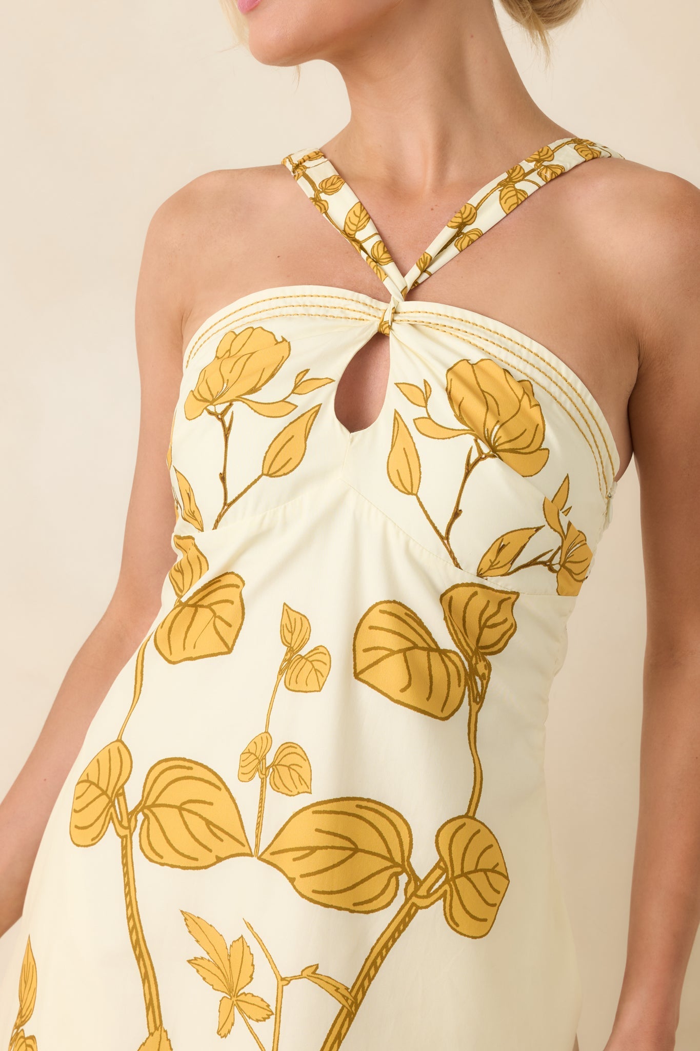 Aylaya Zoey Ivory & Honey Gold Floral Cotton Halter Neck Maxi Dress