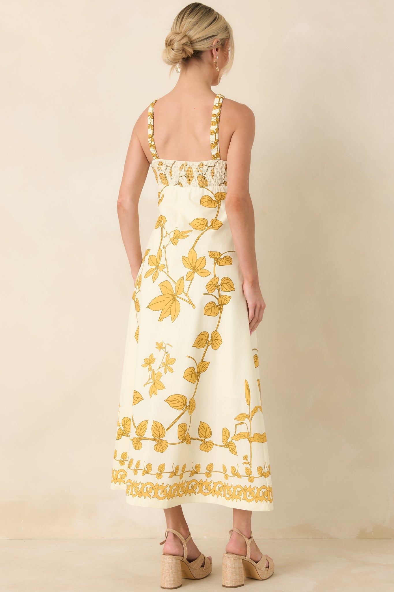 Aylaya Zoey Ivory & Honey Gold Floral Cotton Halter Neck Maxi Dress