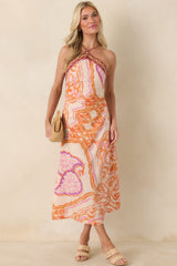 Aylaya Orange Multi Ornate Medallion Print Halter Neck Midi Dress