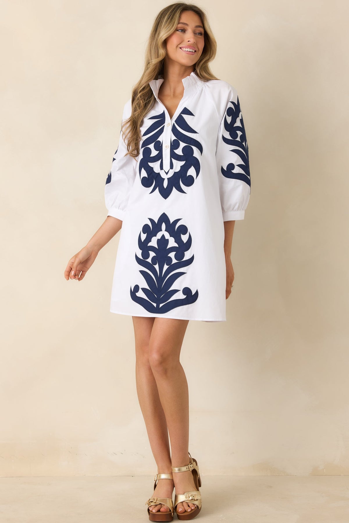 Bold Impressions White & Navy Contrast Detail Tunic Mini Dress
