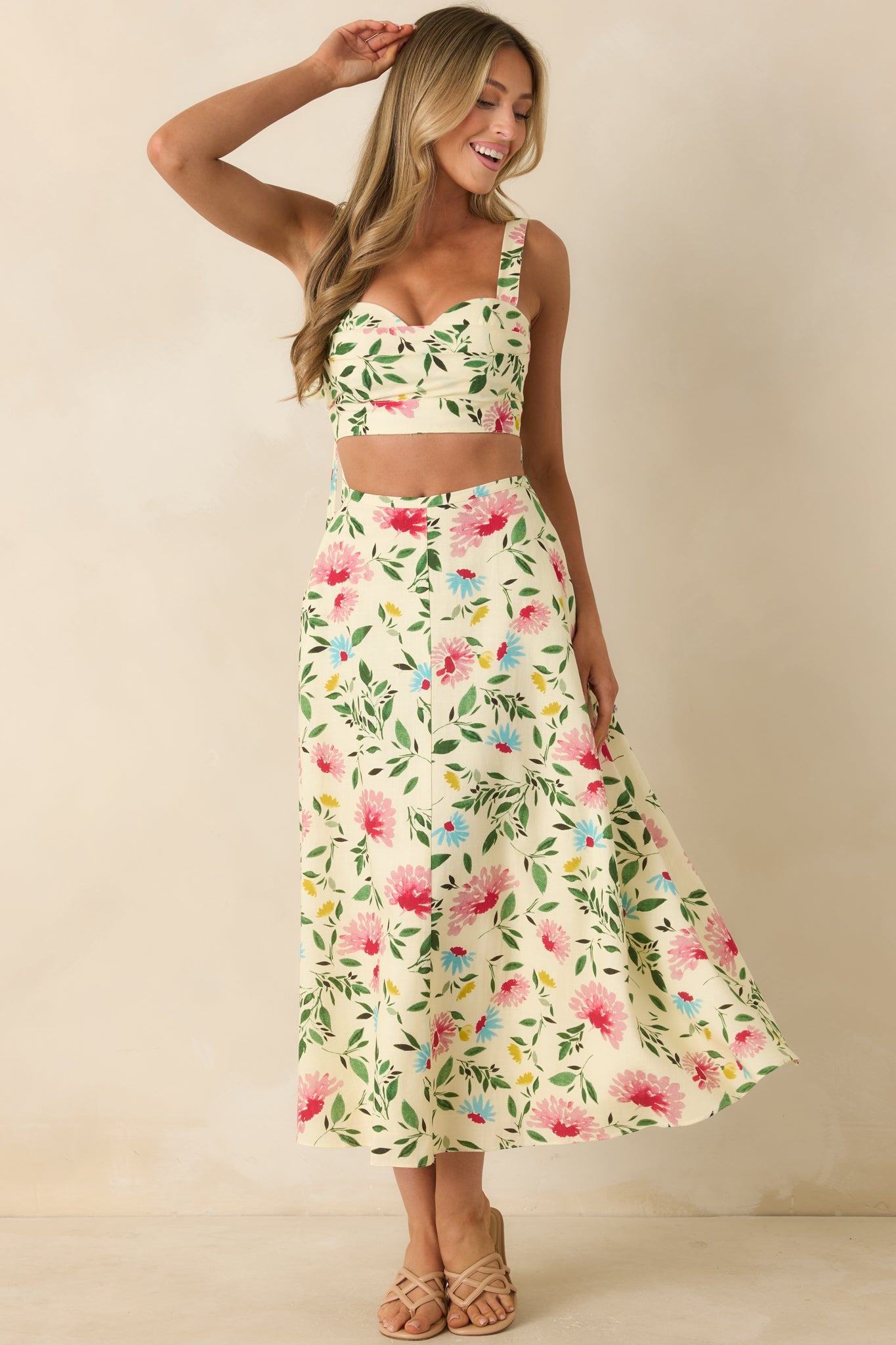 ASTR The Label Myria Yellow Multi Floral Pleated Crop Top