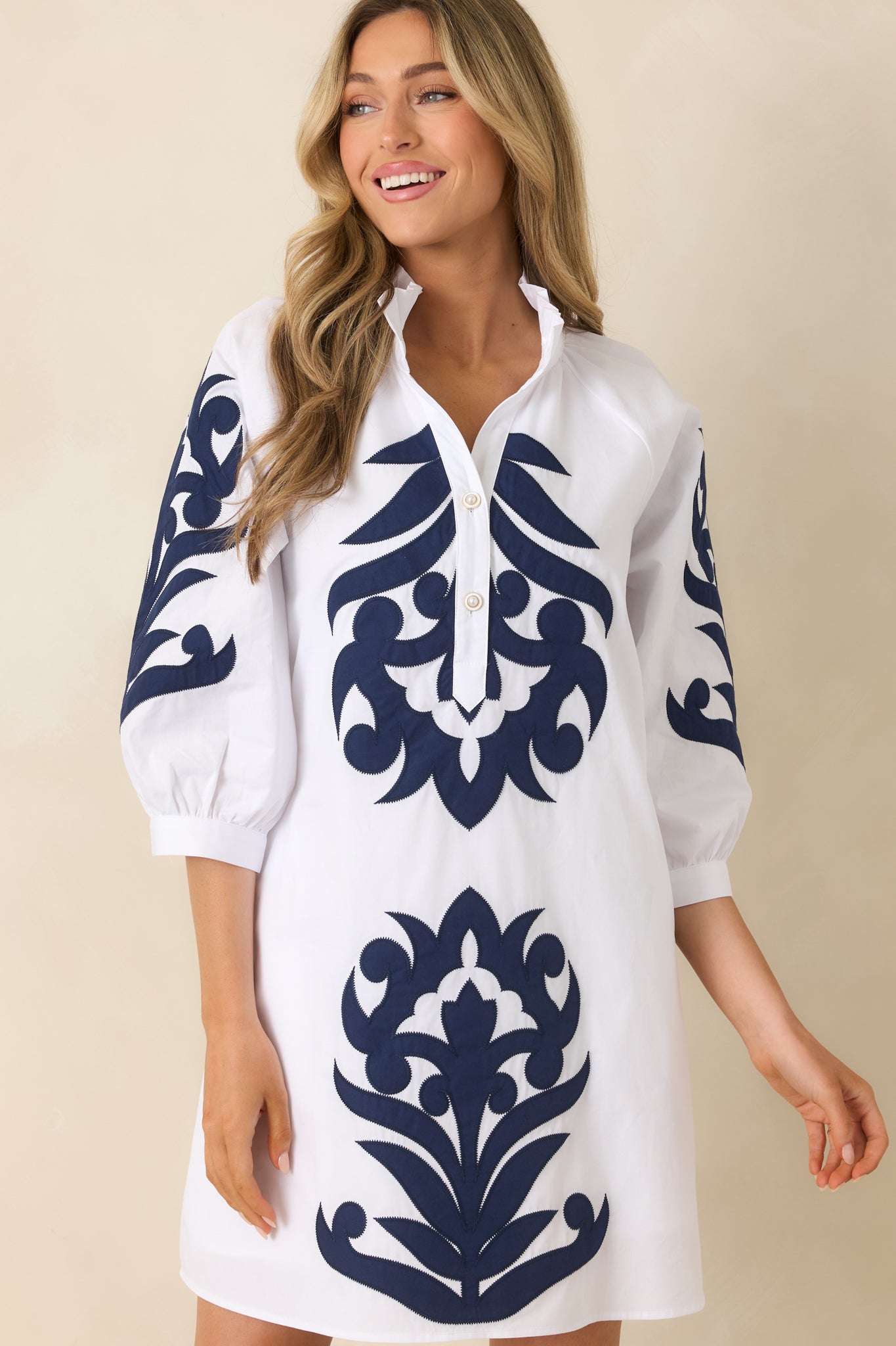 Bold Impressions White & Navy Contrast Detail Tunic Mini Dress