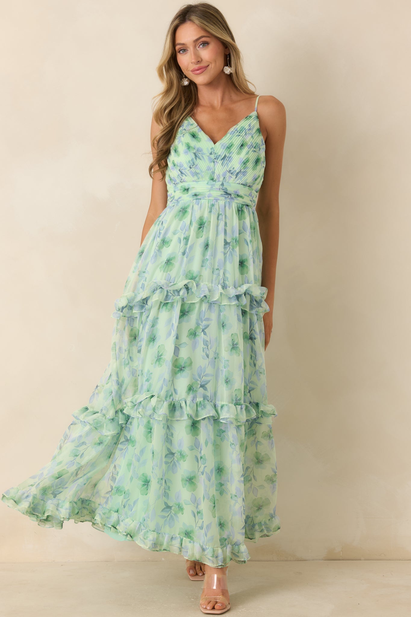 ASTR The Label Ayanna Green Floral Ruffle Maxi Dress
