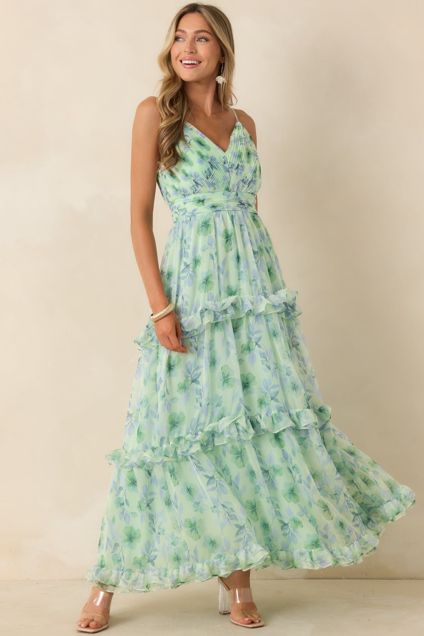 ASTR The Label Ayanna Green Floral Ruffle Maxi Dress