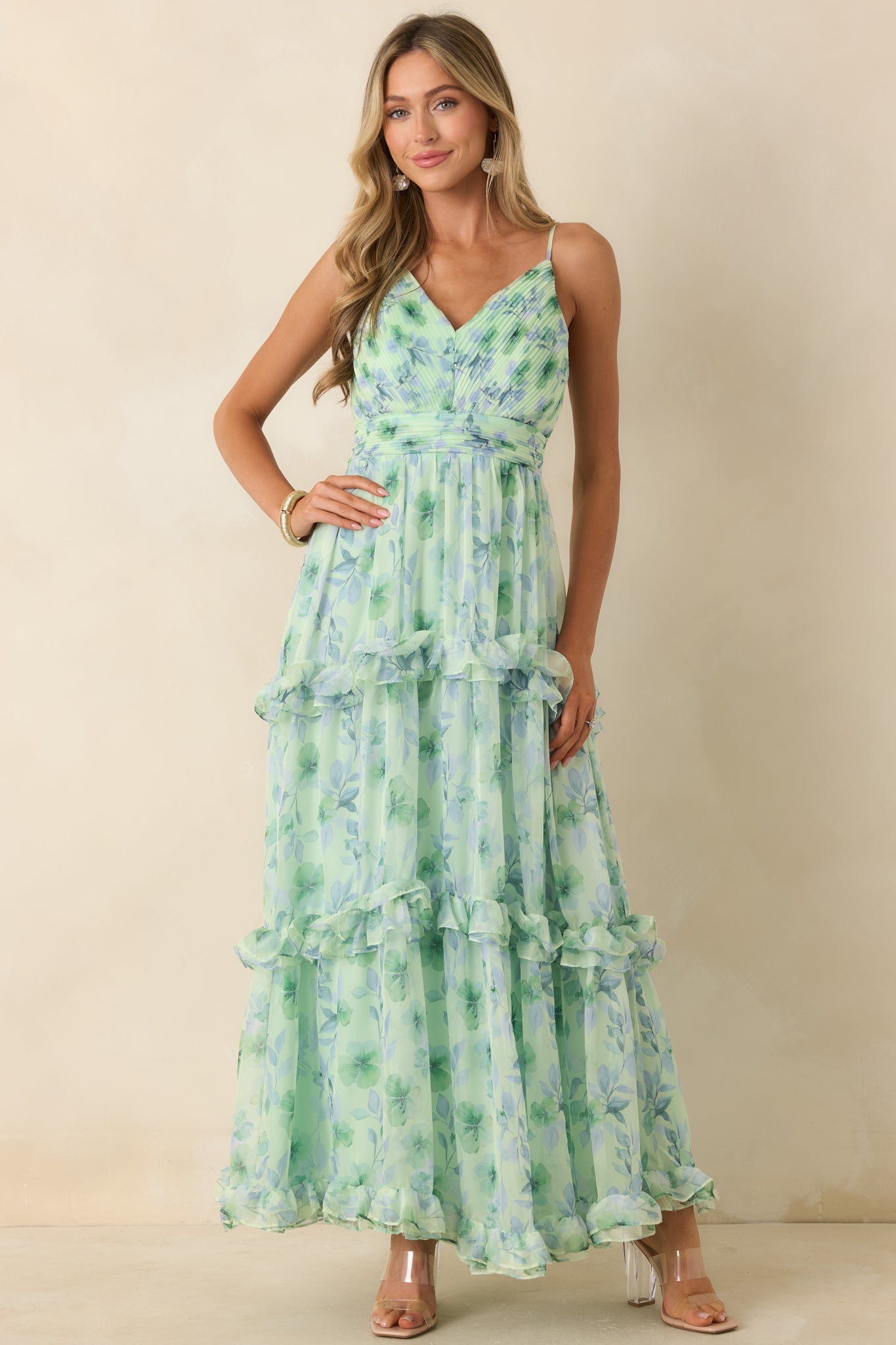 ASTR The Label Ayanna Green Floral Ruffle Maxi Dress