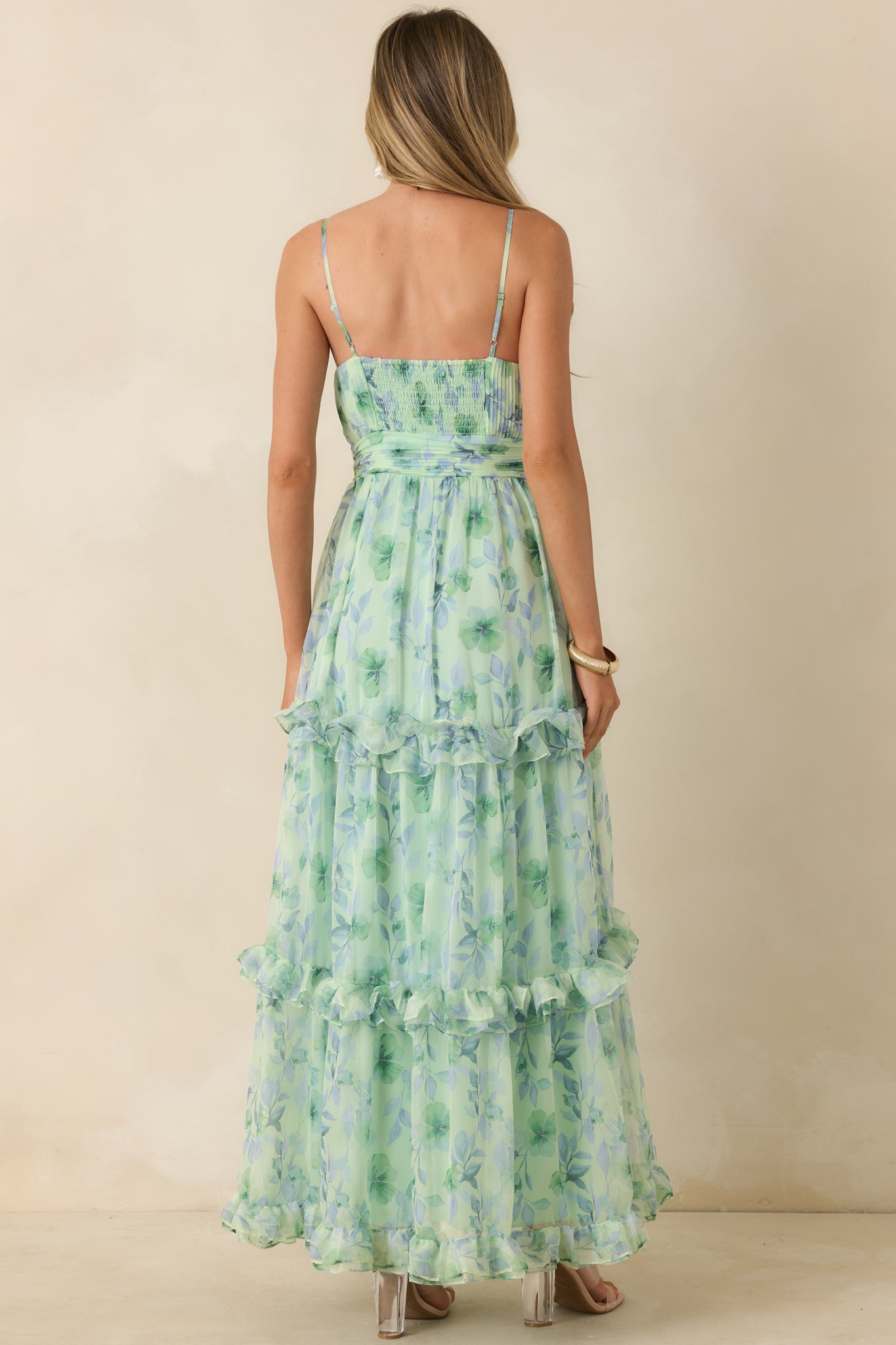 ASTR The Label Ayanna Green Floral Ruffle Maxi Dress
