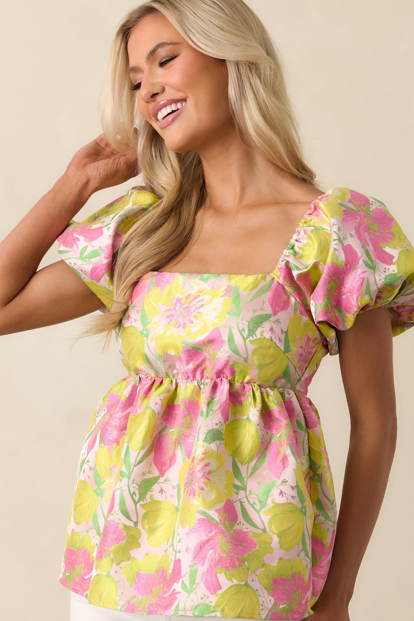 Bloom With Grace Light Pink Floral Jacquard Peplum Top