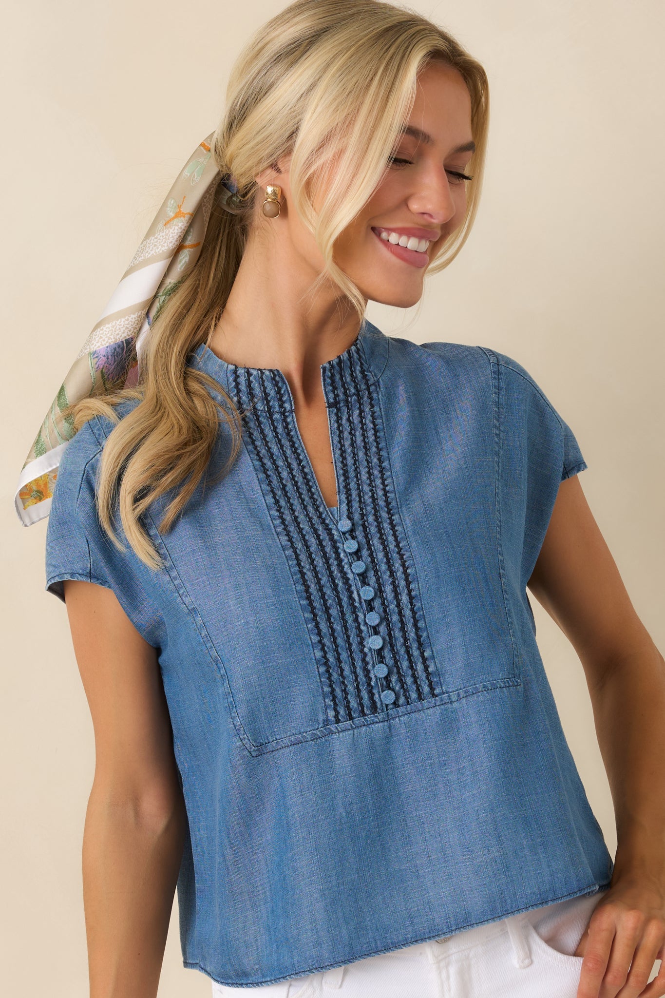 Blue Skies Ahead Chambray Blue Embroidered Top