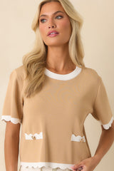 Book Nook Tan Scallop Hem Short Sleeve Top