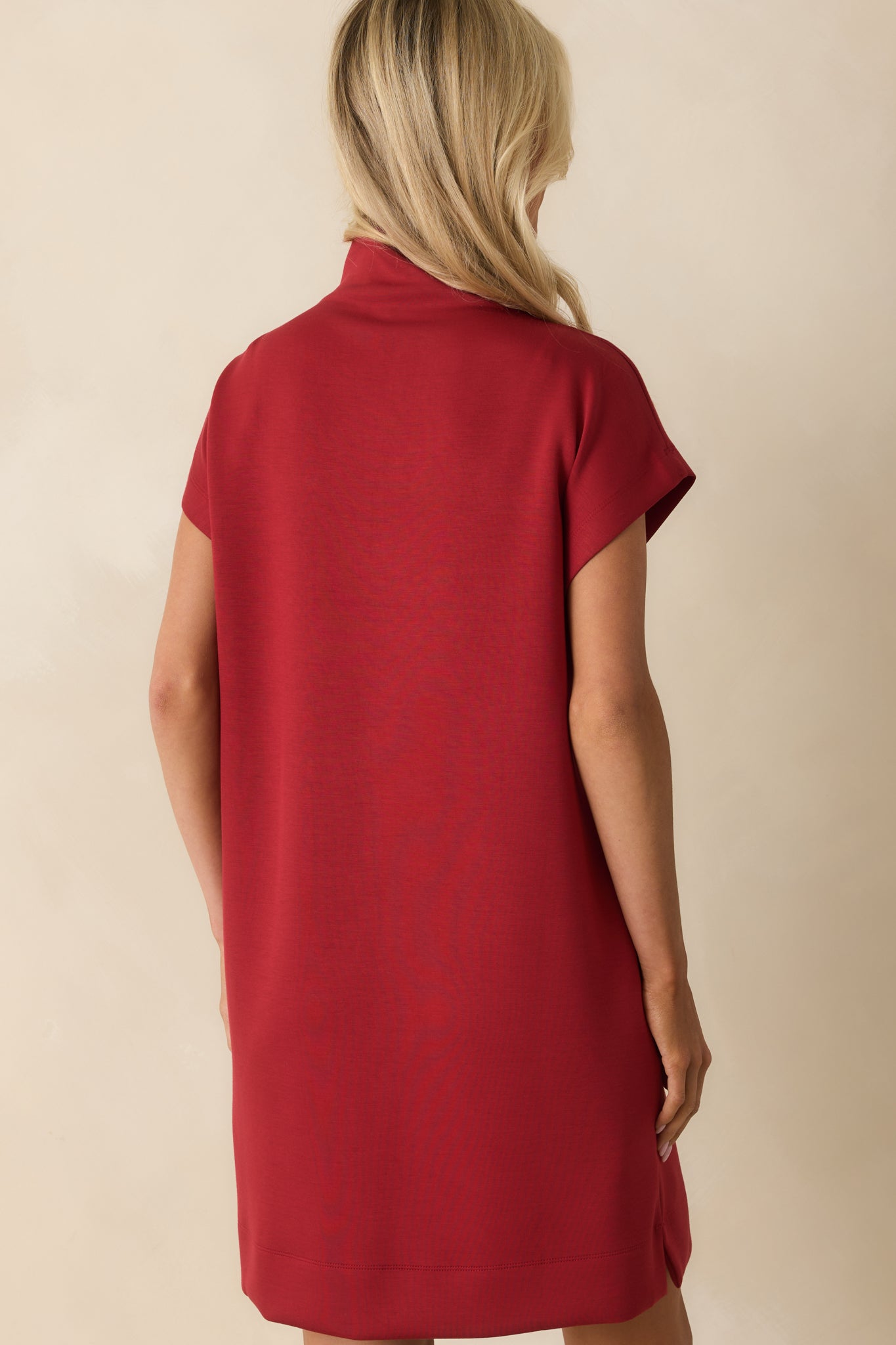 At The End Of The Day Red Mock Neck Cap Sleeve Mini Dress