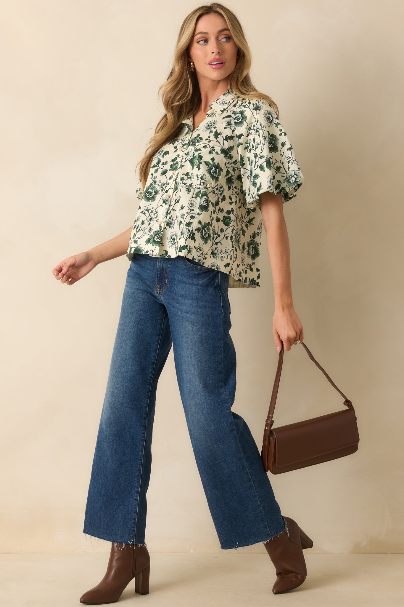 A Sweet Surprise Green Floral Print Cotton Puff Sleeve Top