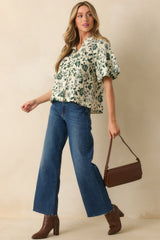 A Sweet Surprise Green Floral Print Cotton Puff Sleeve Top