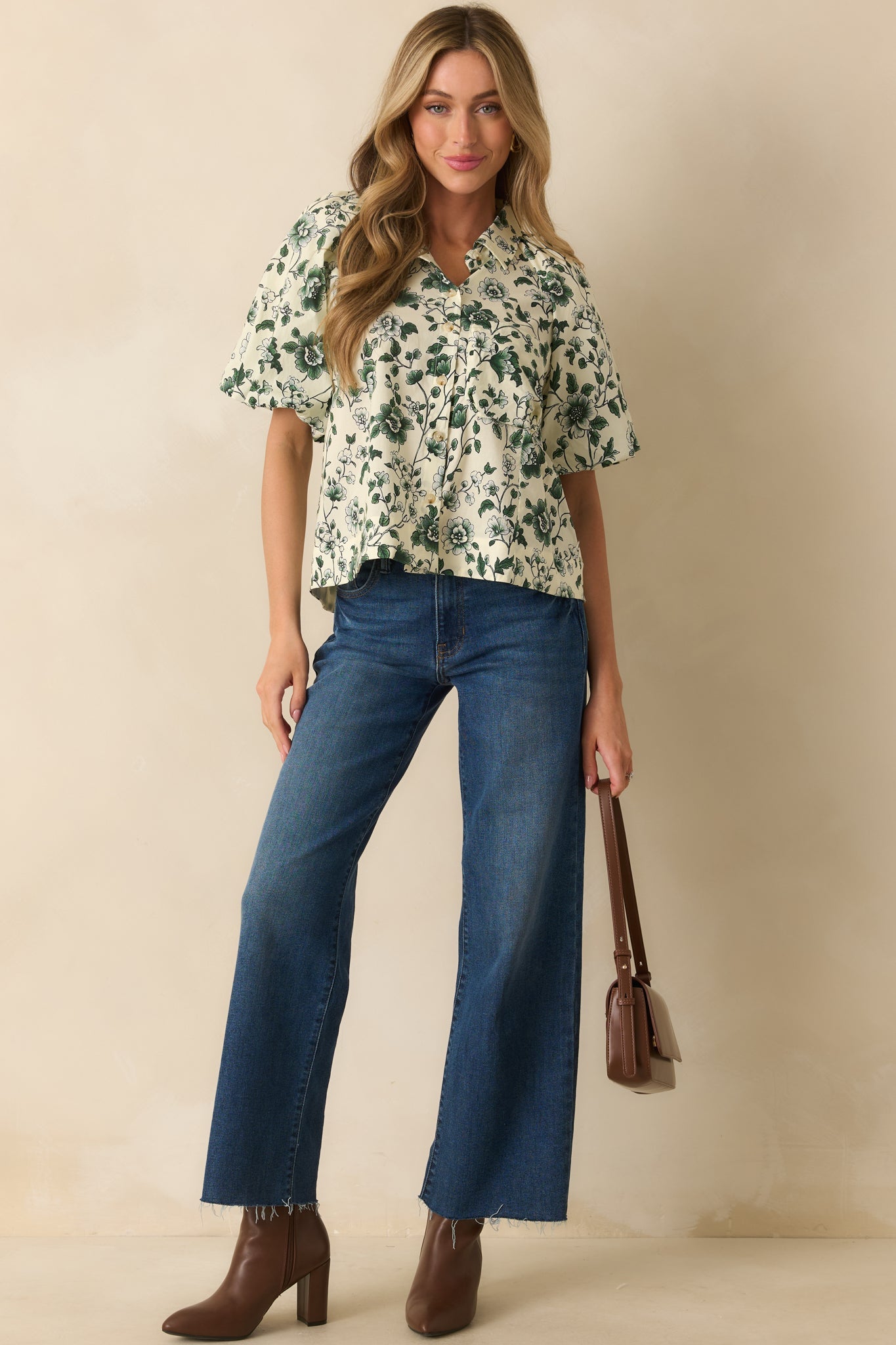 A Sweet Surprise Green Floral Print Cotton Puff Sleeve Top