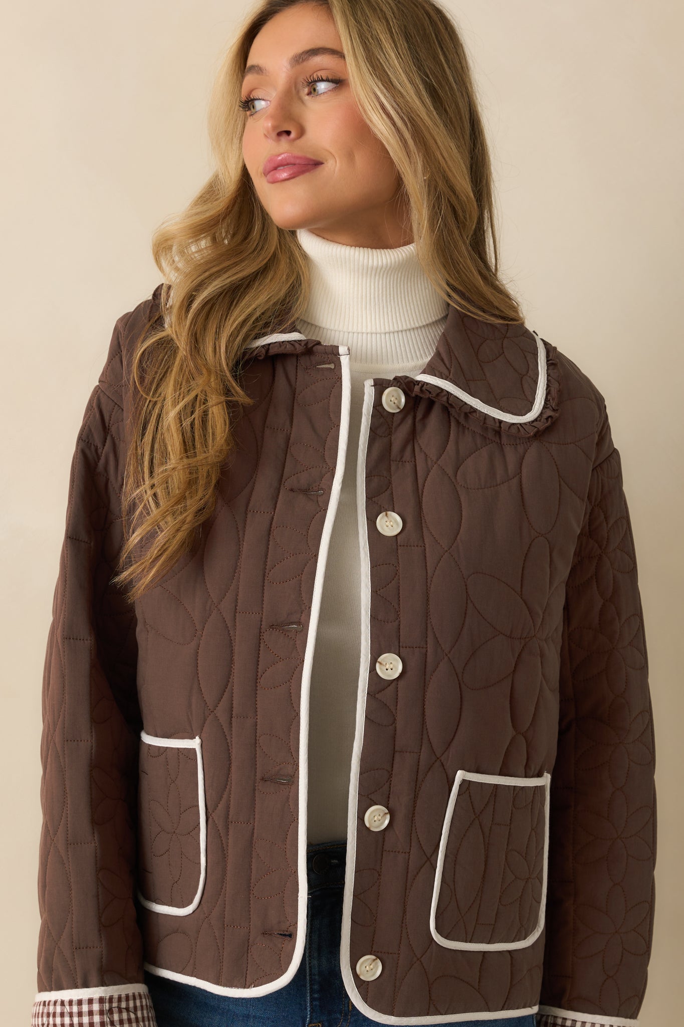 Better Than The Last Brown Floral Quilted Cotton Button Front Jacket