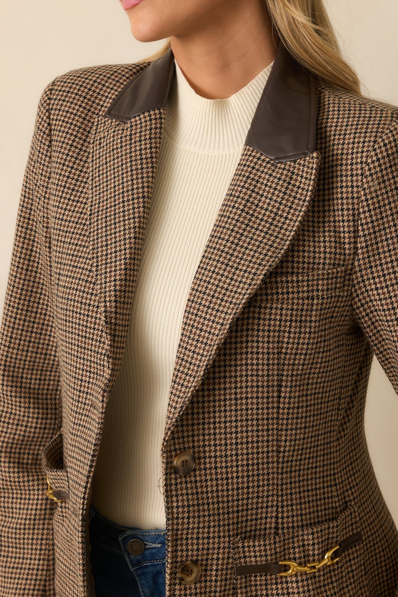 All Business Here Brown Houndstooth Single Breasted Blazer