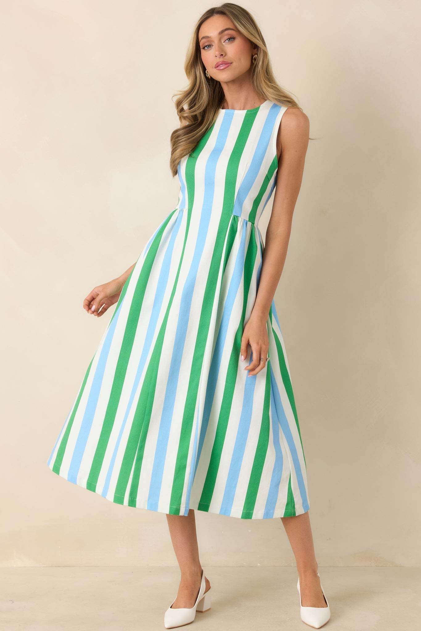 All the Energy Blue Multi Stripe Cotton Sleeveless Midi Dress