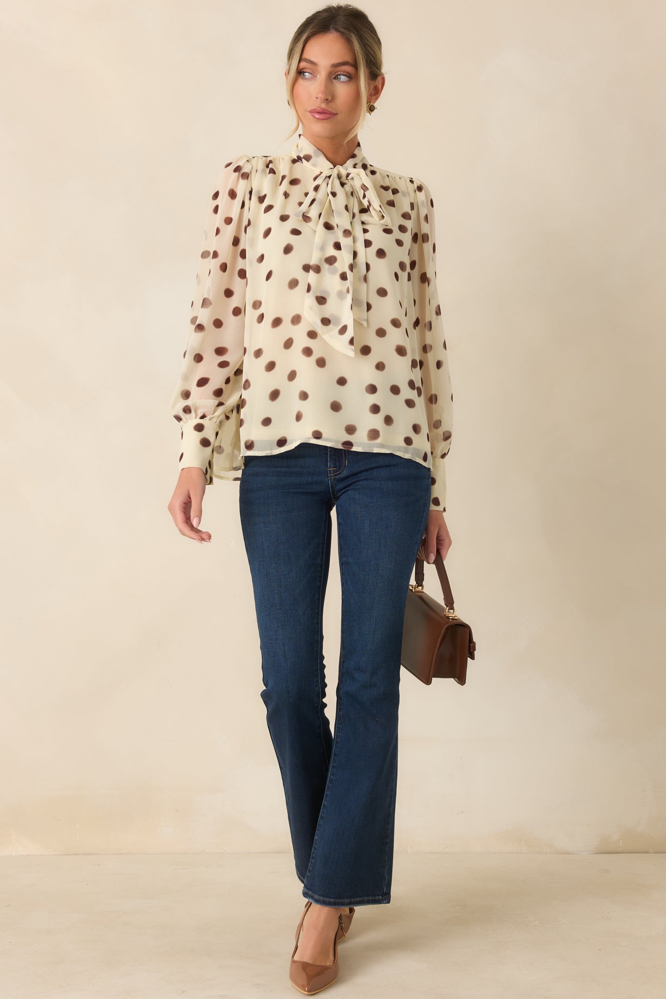 A Fine Point Ivory & Brown Polka Dot Tie Neck Blouse