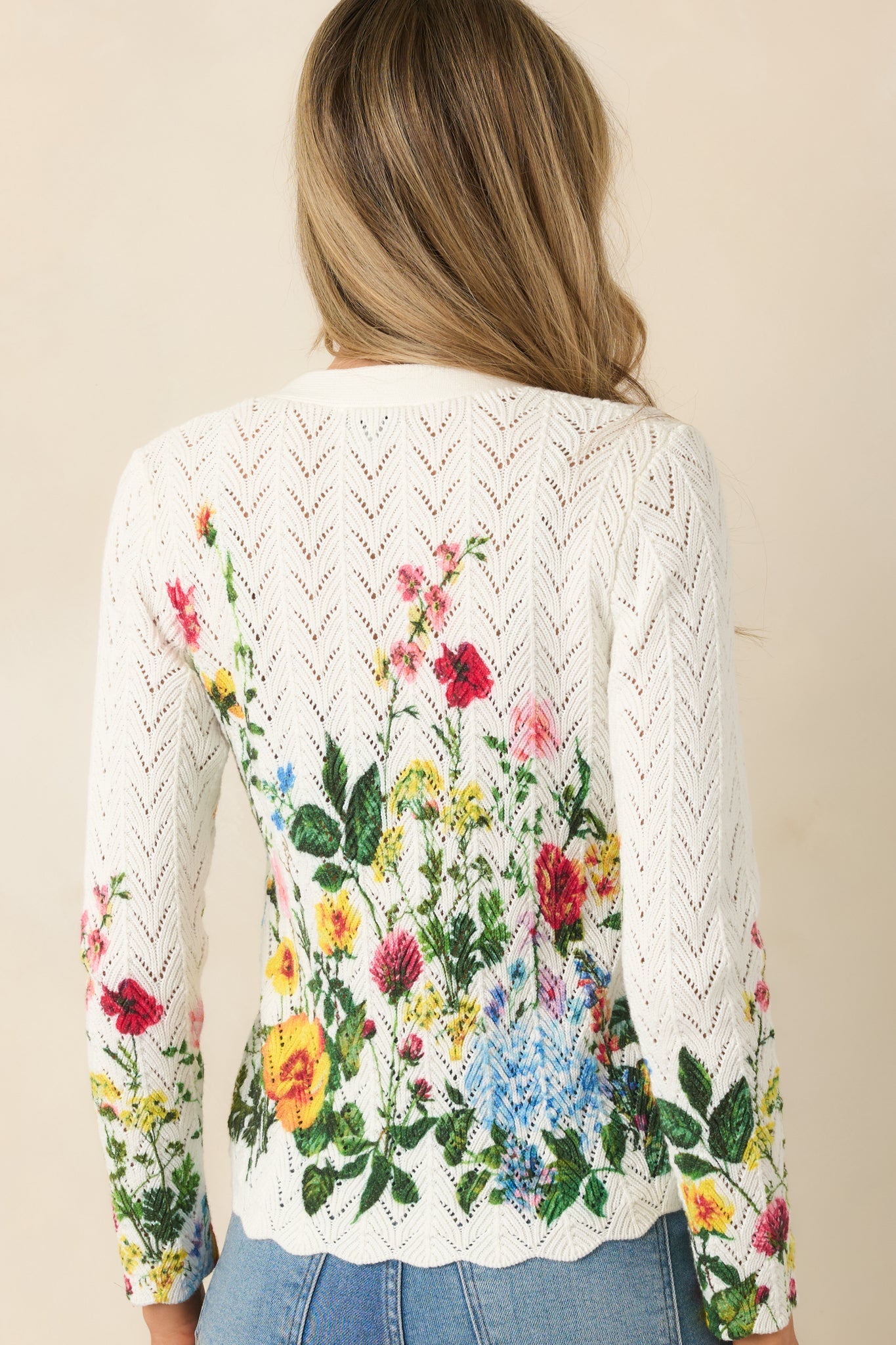 A Beautiful Arrangement Ivory Multi Floral Cotton Pointelle Cardigan
