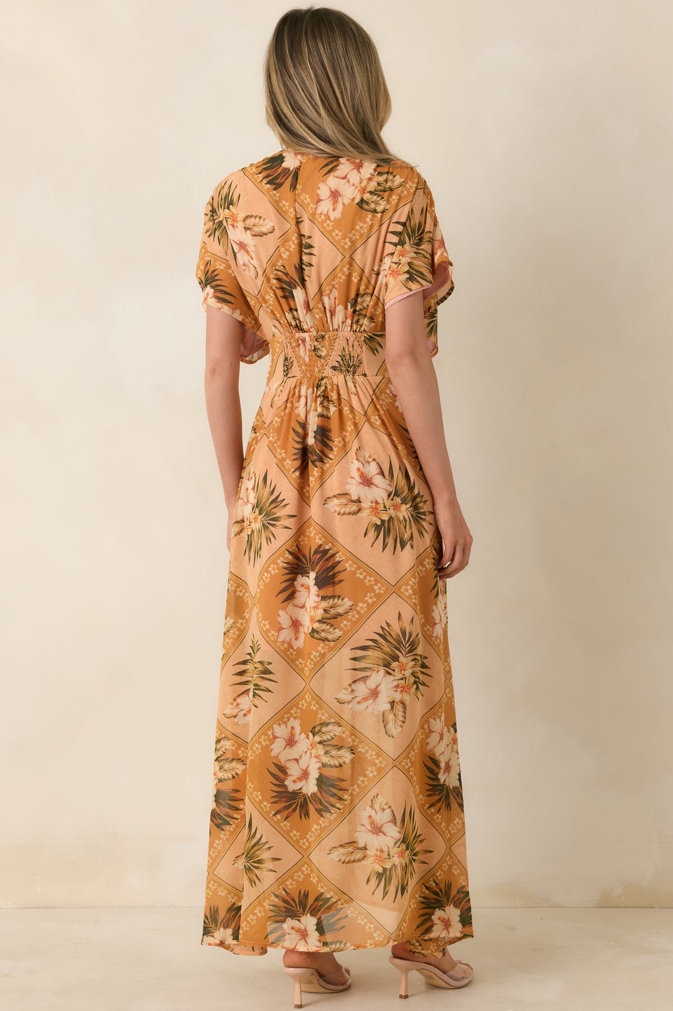 Booked the Trip Peach Multi Tropical Print Maxi Dress