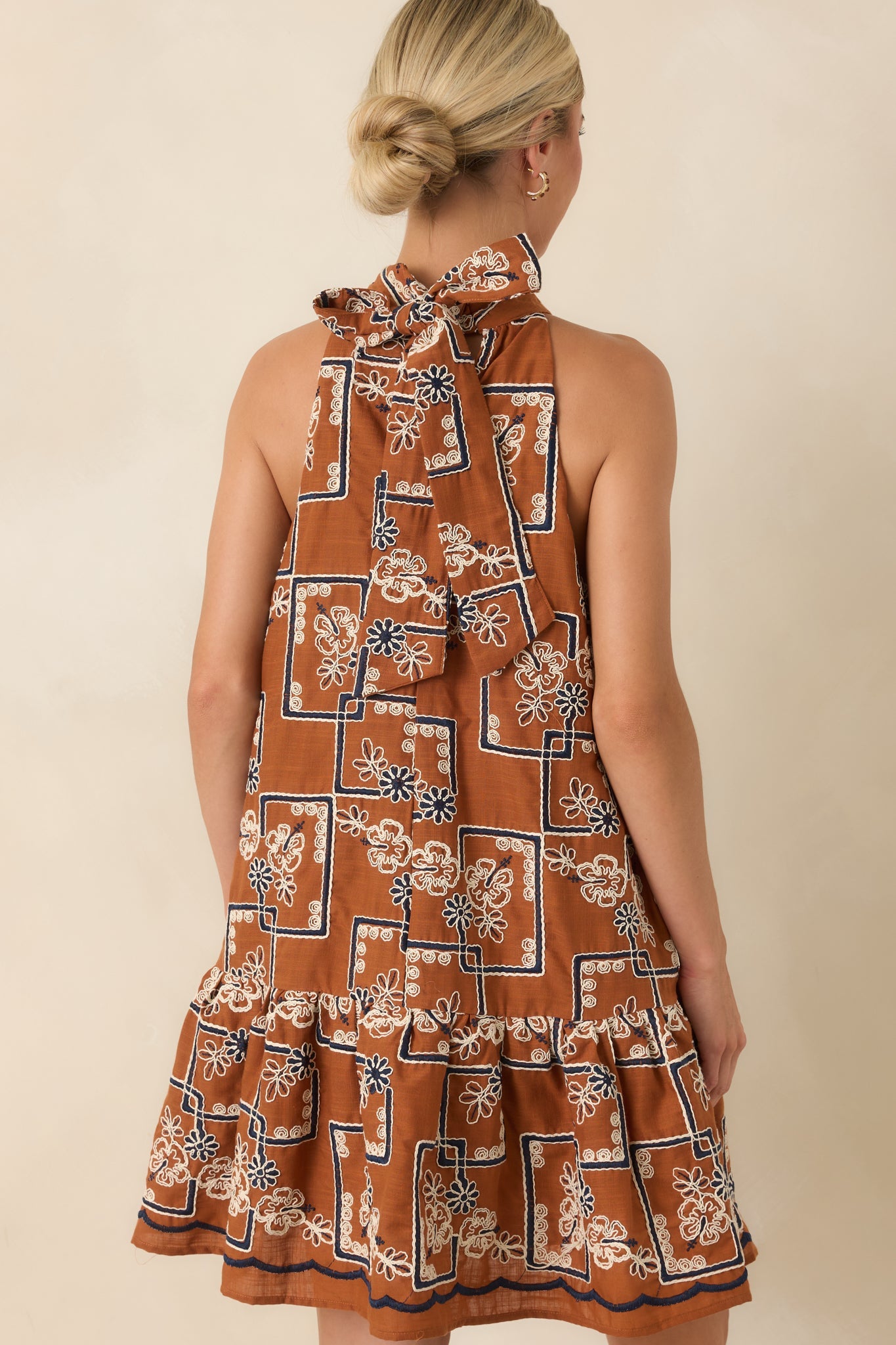 Blooming at Dusk Terracotta Embroidered Halter Mini Dress