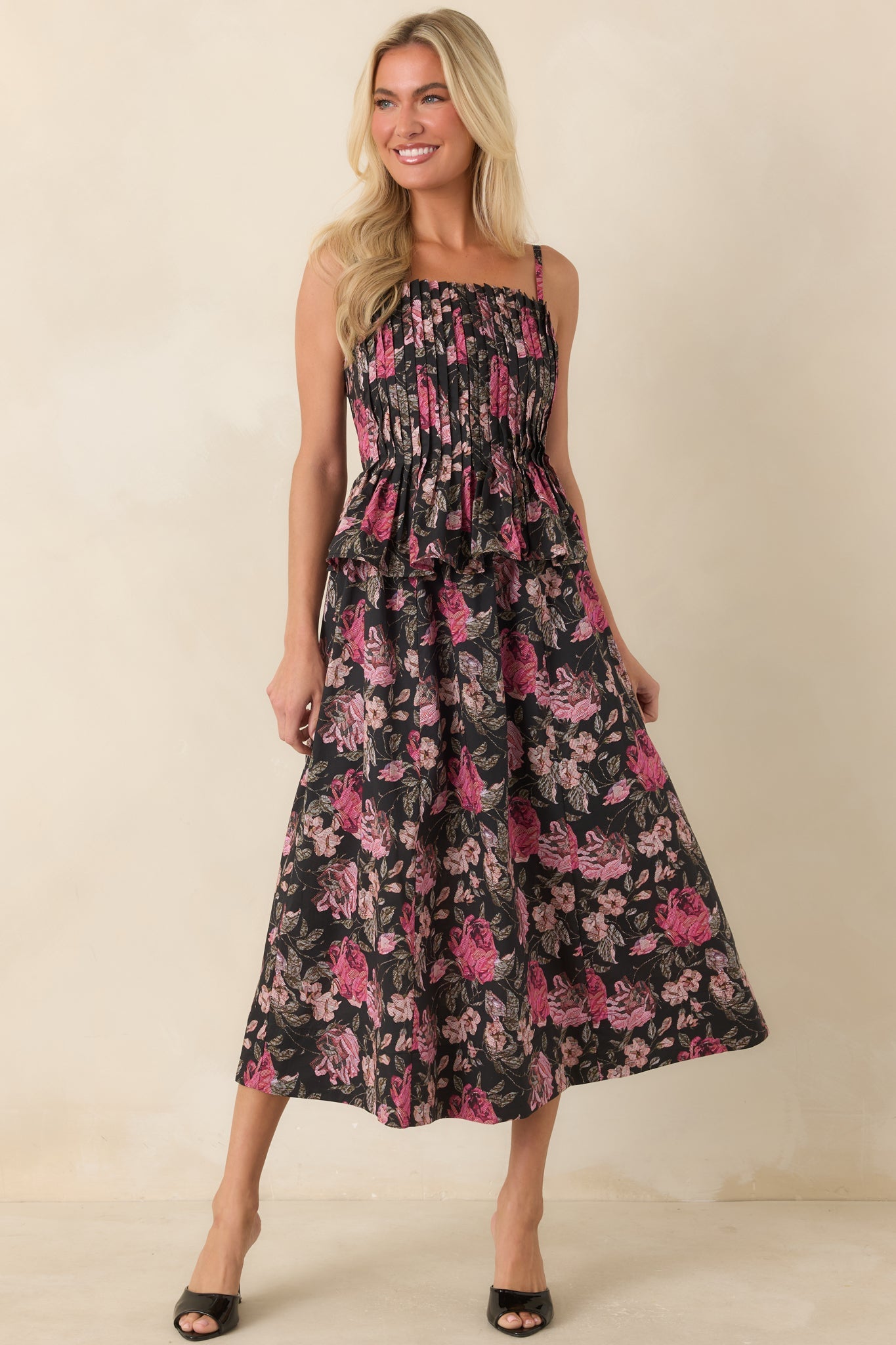 A Very Good Reason Black Floral Cotton Pleated Peplum Midi Dress