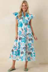 Artful Ease Teal Multi Embroidered Cotton Tiered Midi Dress