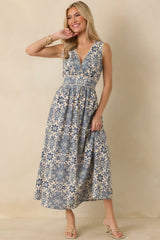 A Lovely Escape Blue Tile Print Linen Blend Sleeveless Maxi Dress