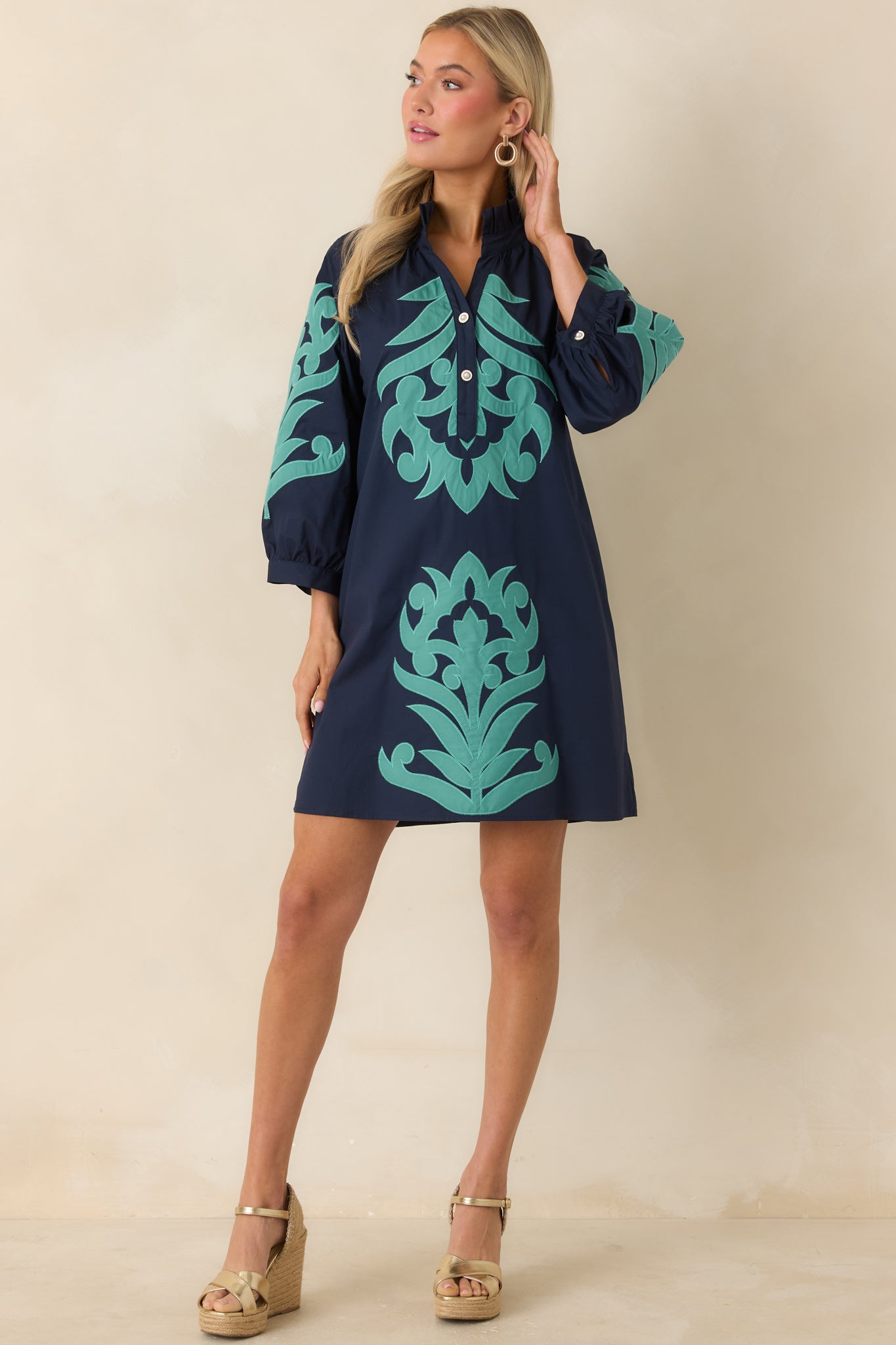 Bold Impressions Navy & Aqua Contrast Detail Tunic Mini Dress