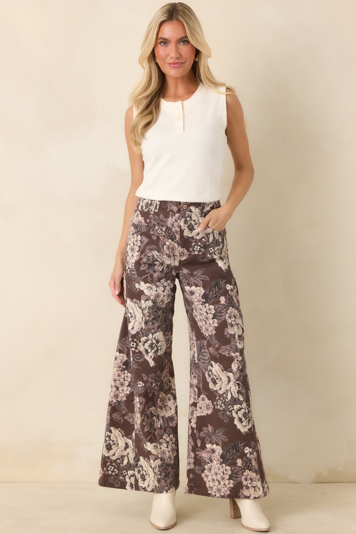 A Change of Scenery Brown & Ivory Floral Cotton Wide Leg Pants
