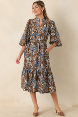 A Well-Told Story Brown & Blue Floral Tie-Waist Midi Dress