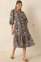A Well-Told Story Brown & Blue Floral Tie-Waist Midi Dress