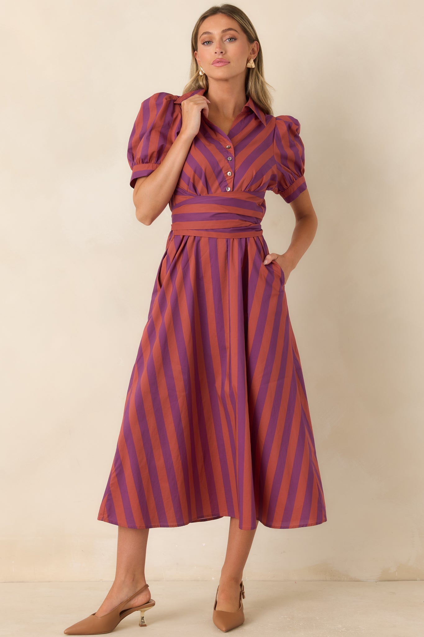 A Fresh Approach Plum & Burgundy Stripe Cotton Midi Shirt Dress