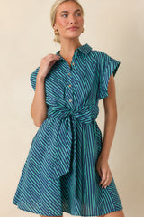 Blurred Lines Teal Stripe Tie Waist Mini Dress
