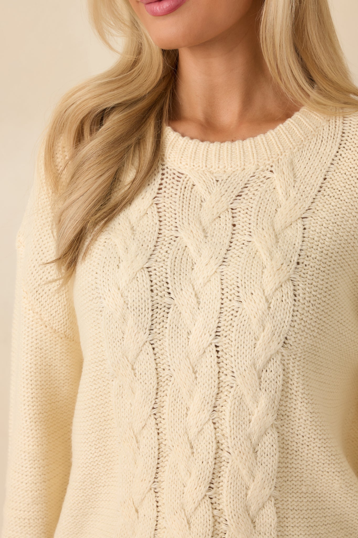 All the While Ivory Cable Knit Crewneck Pullover Sweater