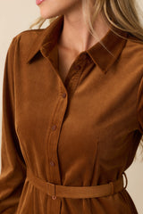 Against The Grain Caramel Brown Corduroy Belted Mini Shirt Dress