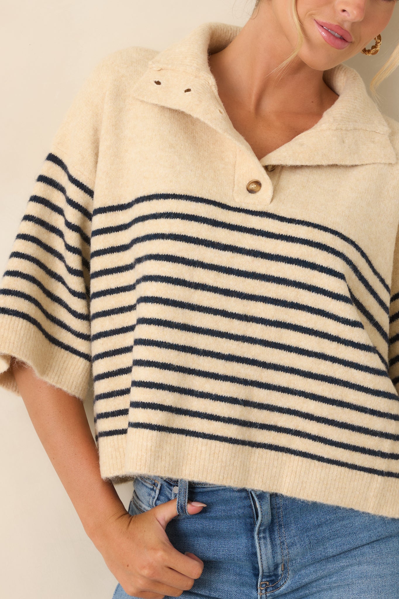 A Softer Approach Ecru & Navy Stripe Collared Knit Top