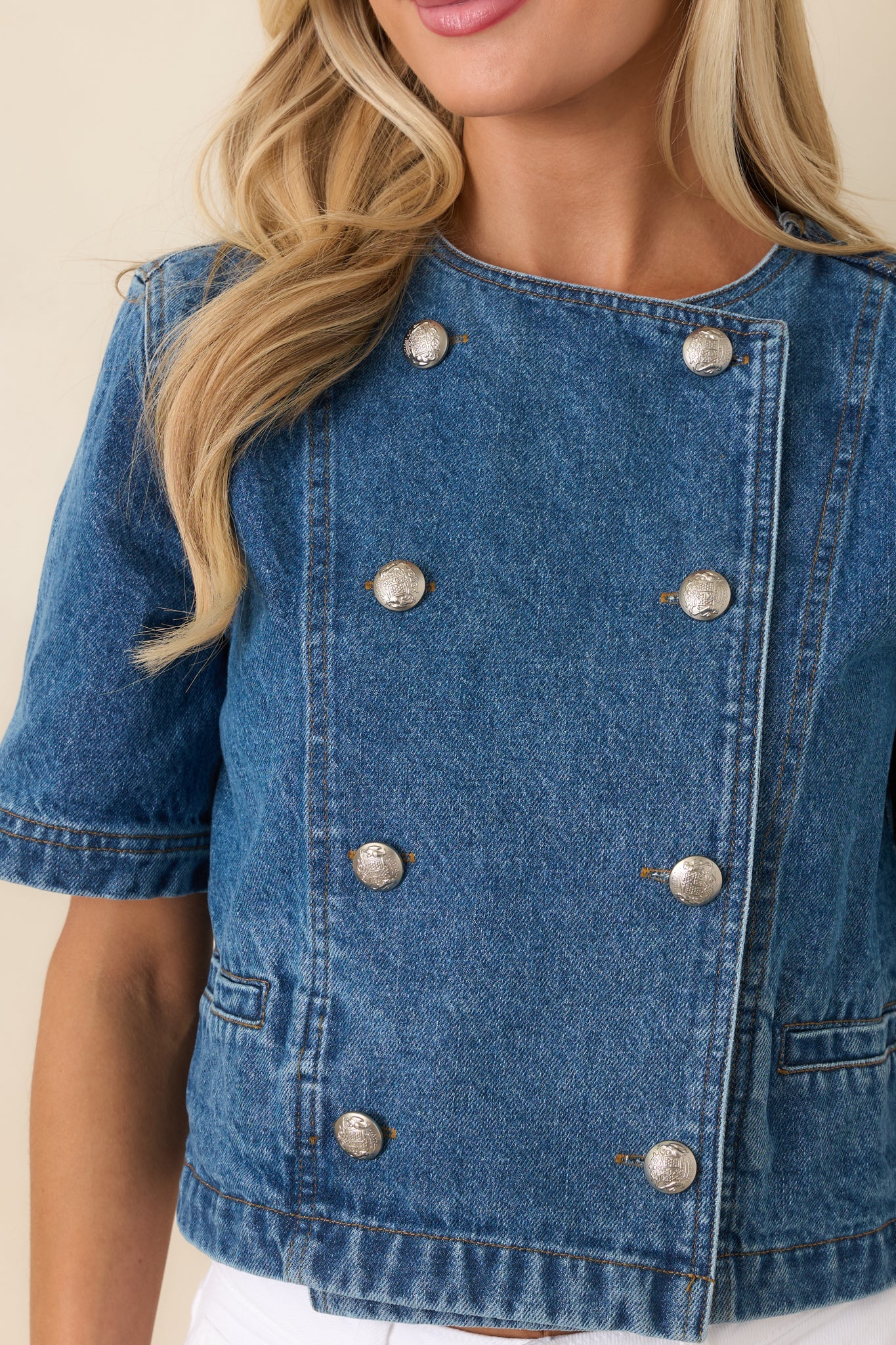 Across the Way Medium Wash Cotton Denim Double Breasted Top