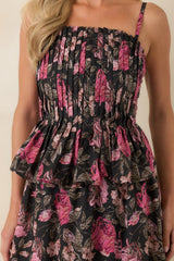 A Very Good Reason Black Floral Cotton Pleated Peplum Midi Dress