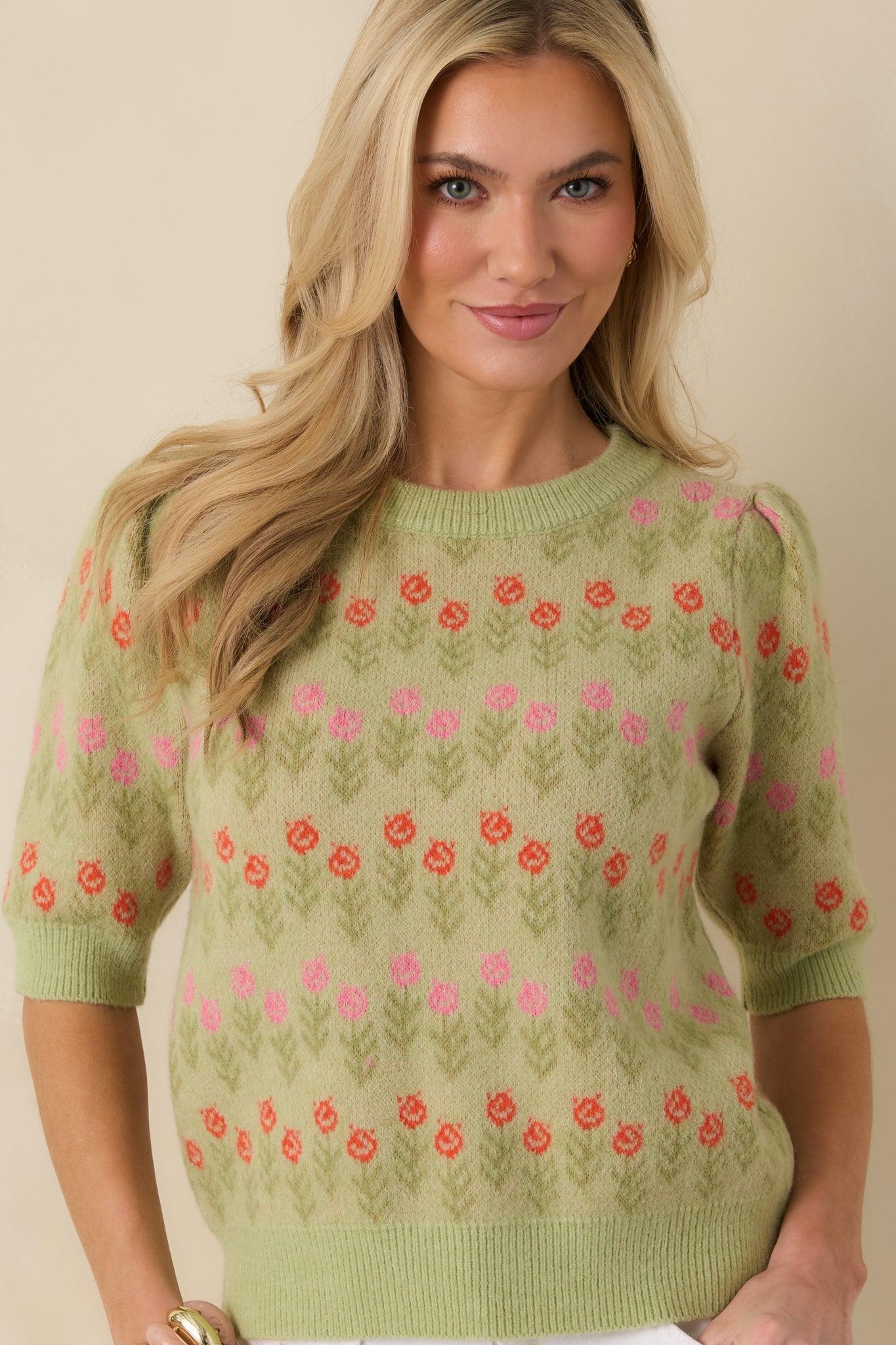 Blushing Meadow Light Green Multi Floral Knit Sweater
